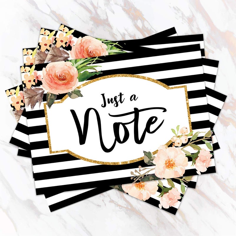 Canopy Street Black Stripe Floral And Faux Glitter Note Cards / 24 Just A Note Cards/All Occasion Greeting Cards / 3 1/2" x 4 7/8" Floral Cards - Image 3